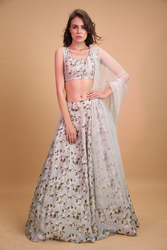 Powder Blue Raw Silk Printed Lehenga