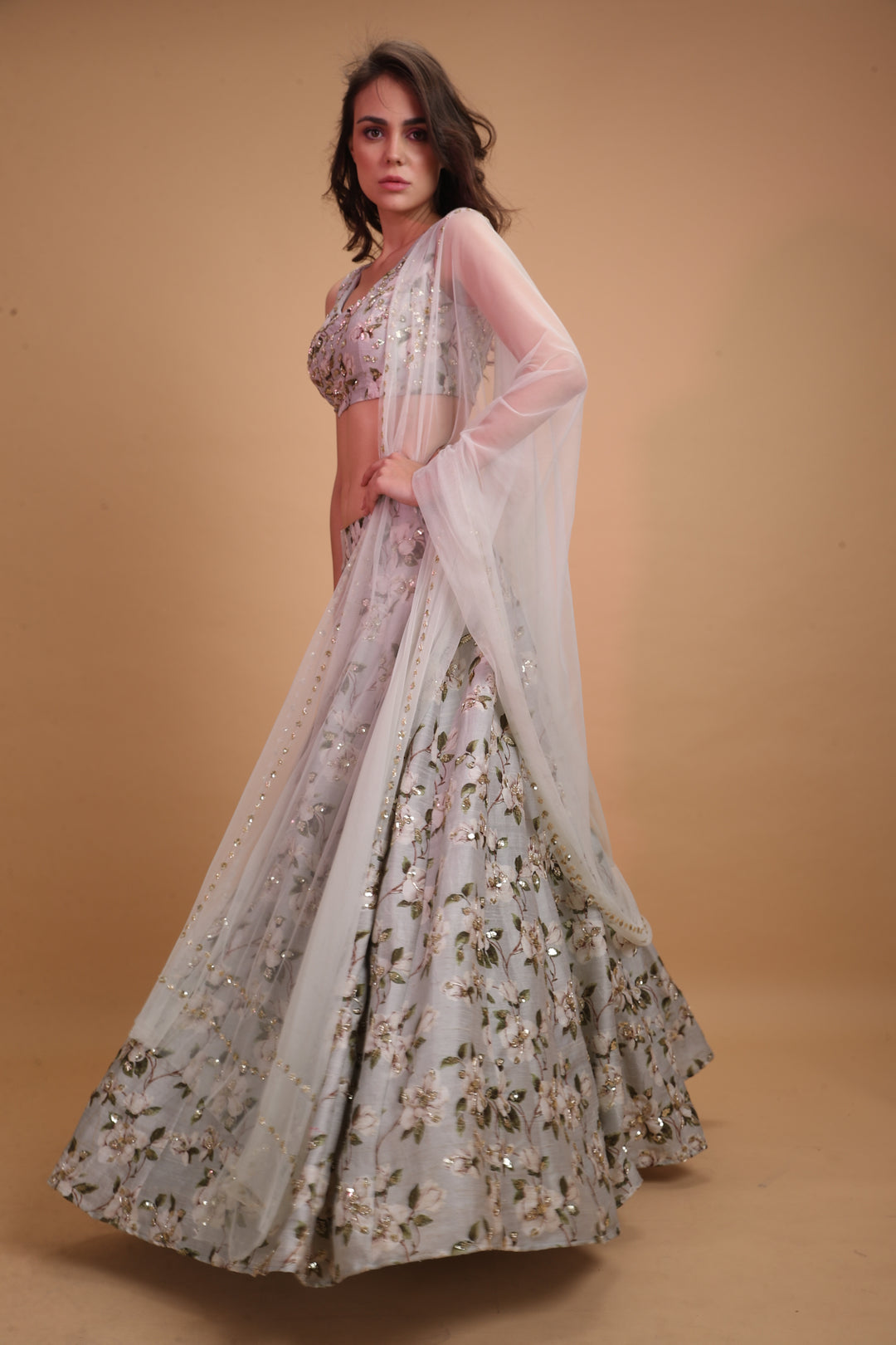 Powder Blue Raw Silk Printed Lehenga