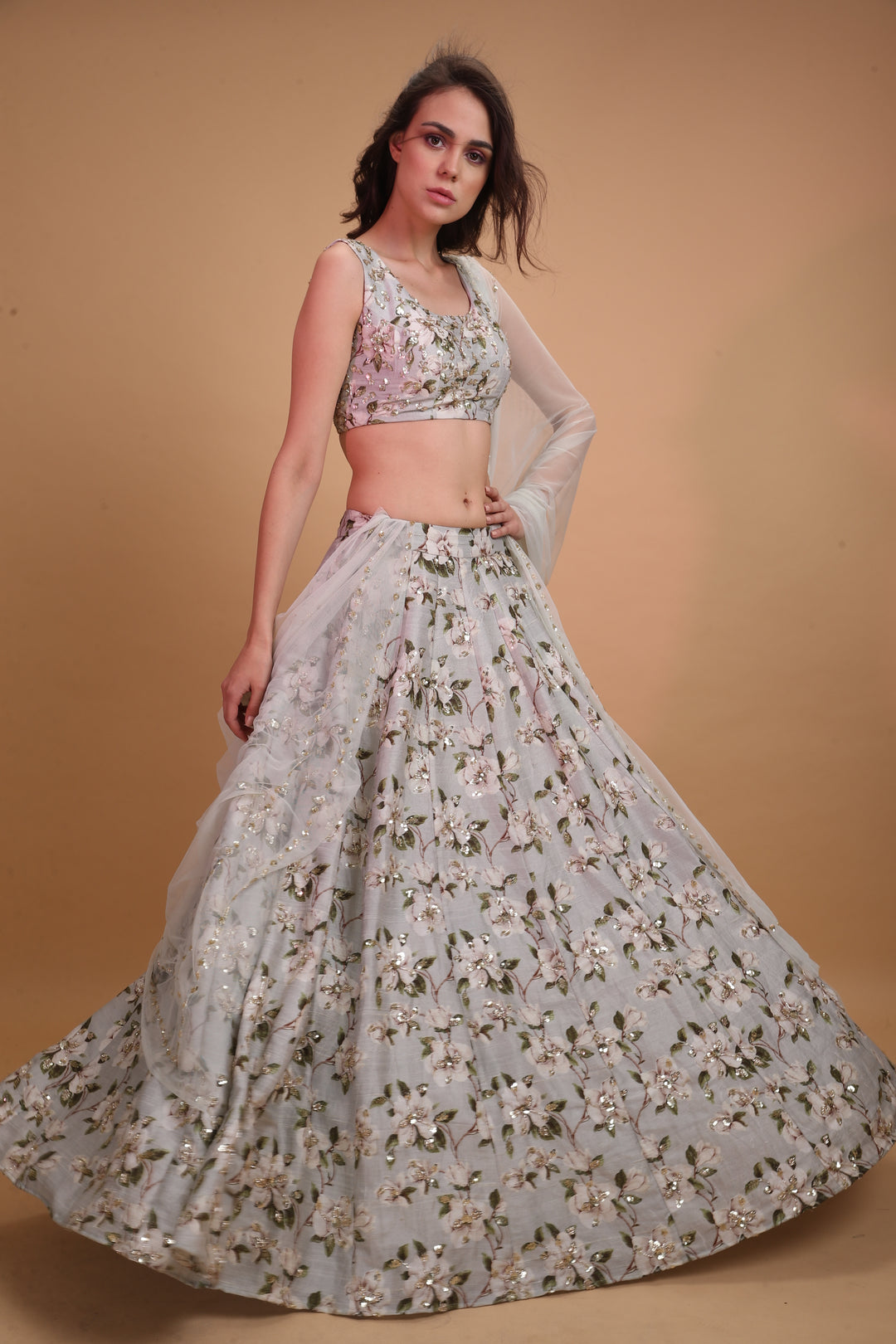 Powder Blue Raw Silk Printed Lehenga