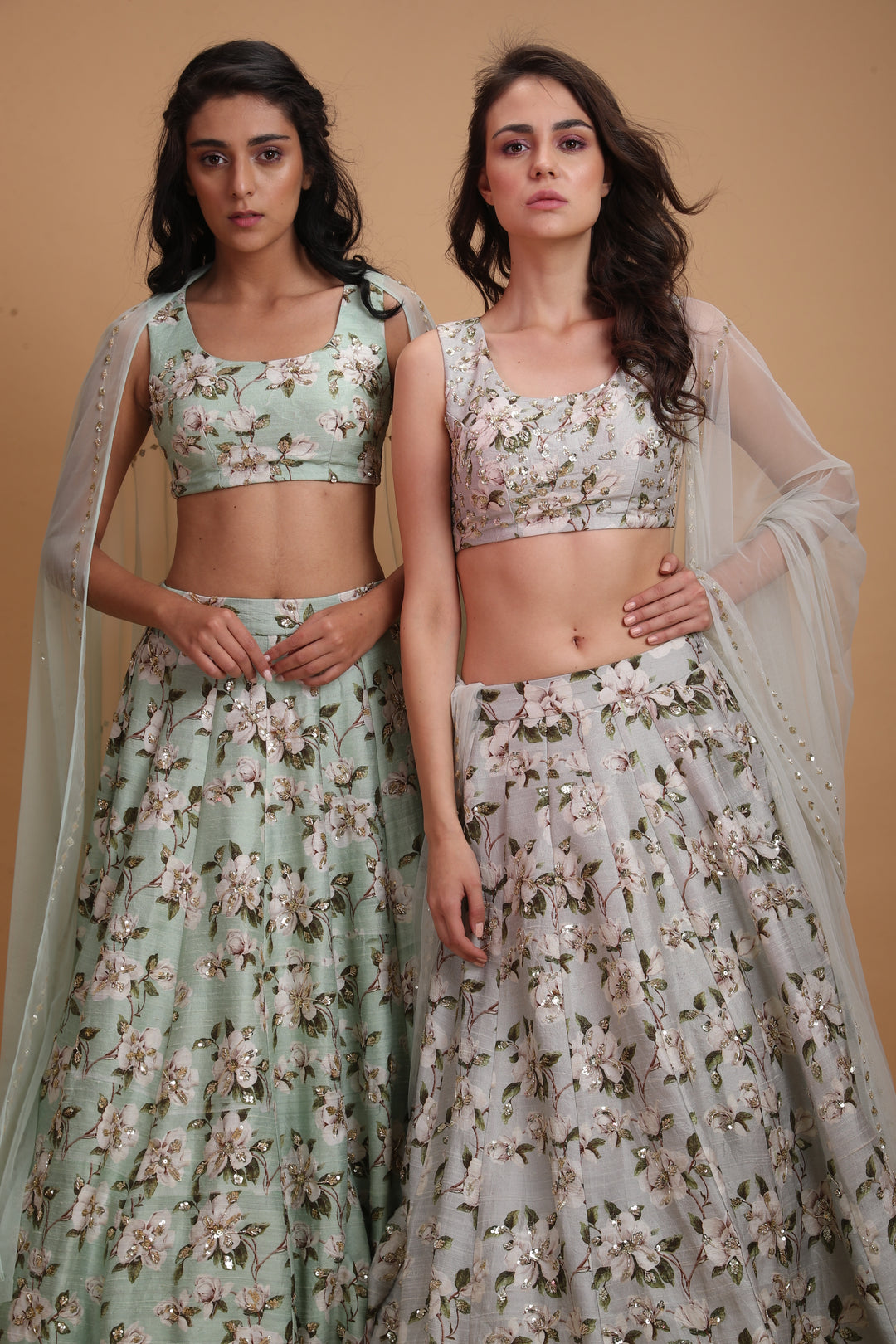 Powder Blue Raw Silk Printed Lehenga