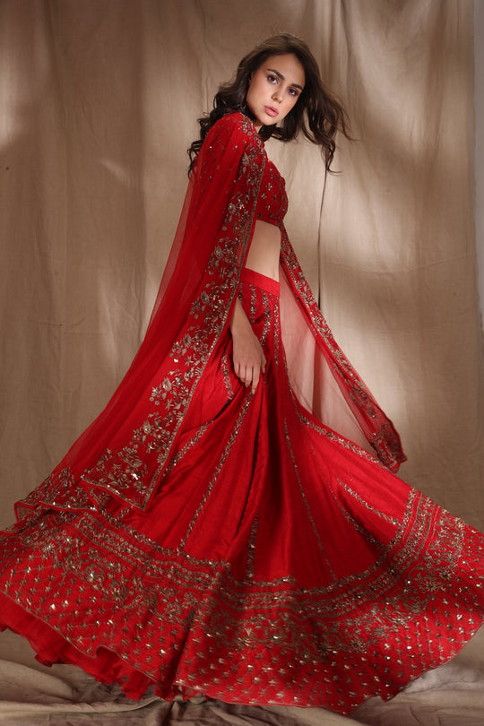 Red Zari Raw Silk Lehenga