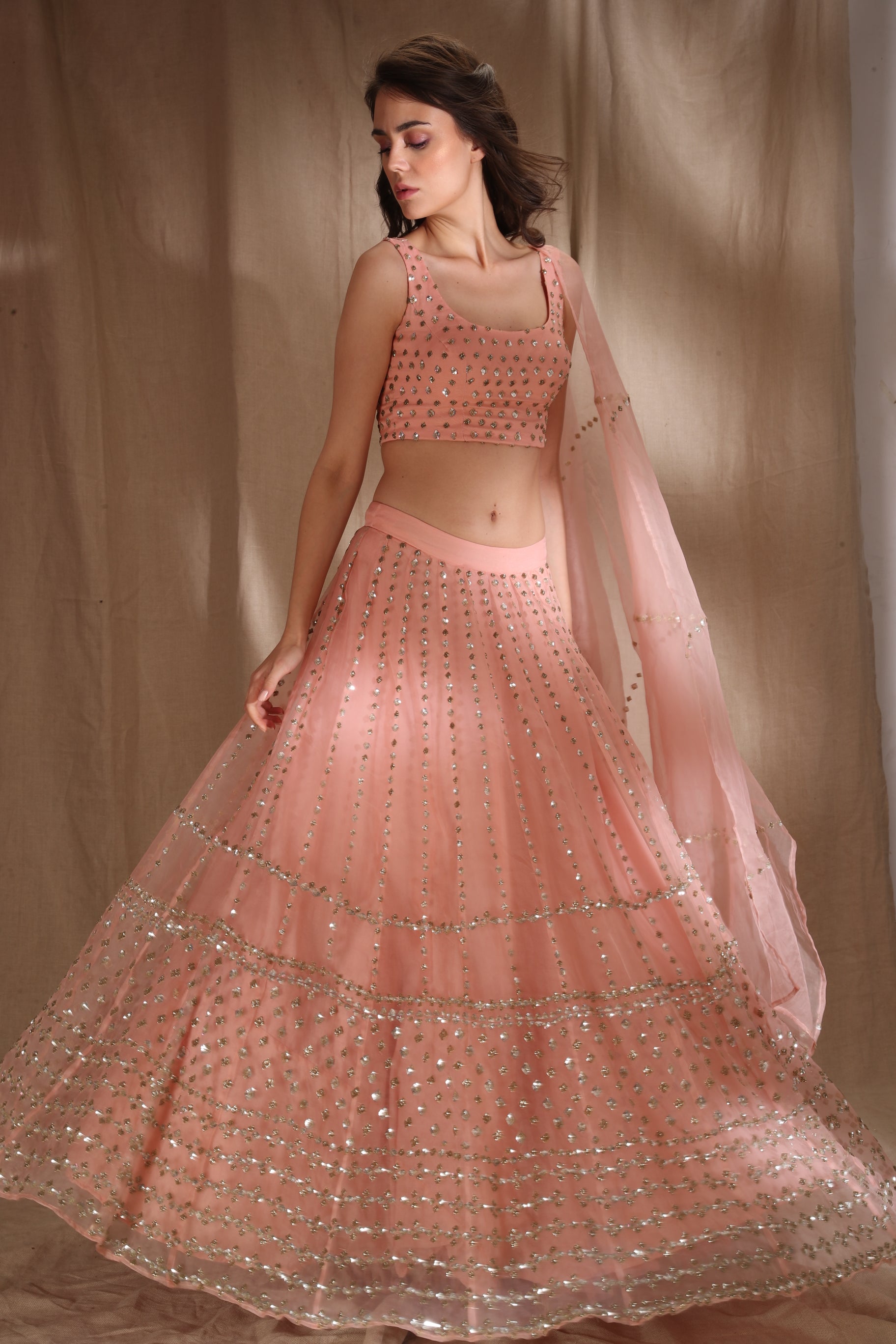 SHOPGARB Peach & Silver-Toned Semi-Stitched Lehenga & Unstitched Blouse  With Net Dupatta - Absolutely Desi