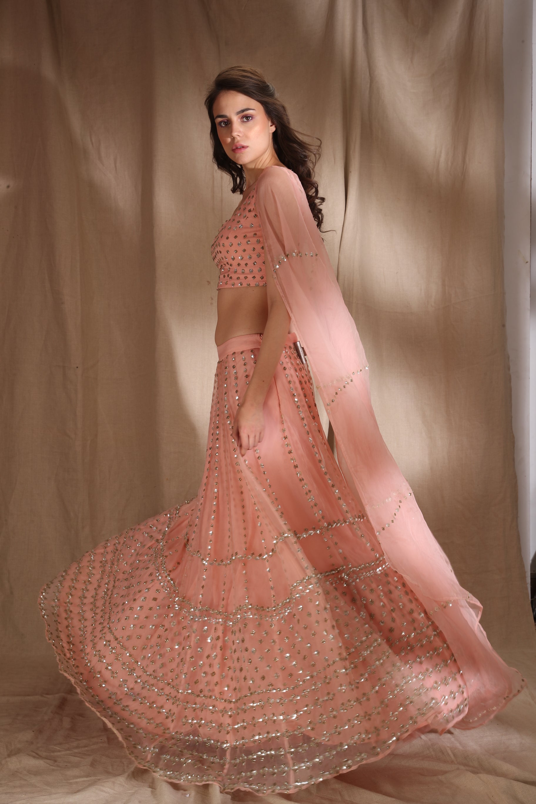 Pastel Pink and Silver Lehenga set with matching blouse and dupatta -  GetEthnic