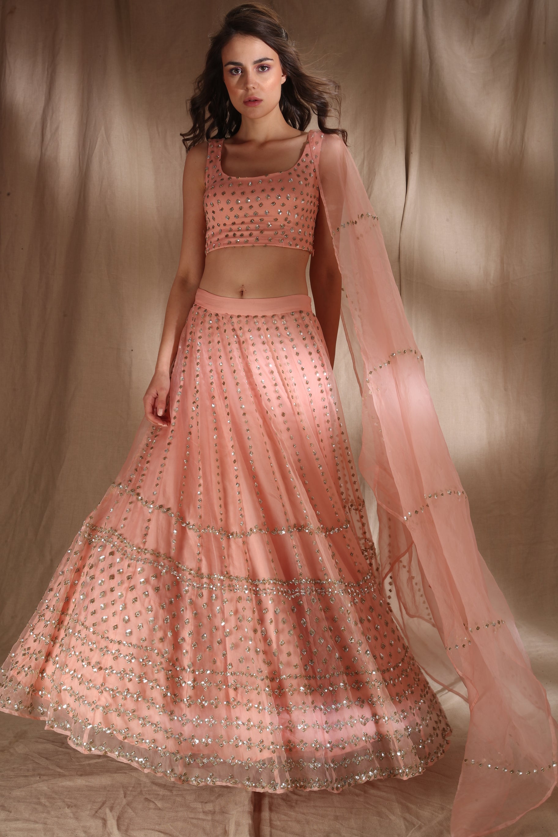 HOUSE OF JAMOTI Peach & Silver-Toned Square Neck Lehenga Set - Absolutely  Desi