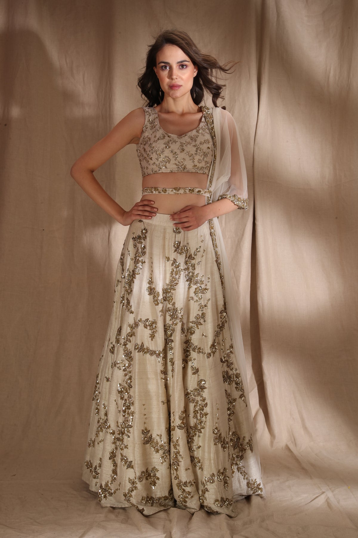 Gold Crinkle Tulle Hand Embroidered Lehenga Set Design by Tarun Tahiliani  at Pernia's Pop Up Shop 2024