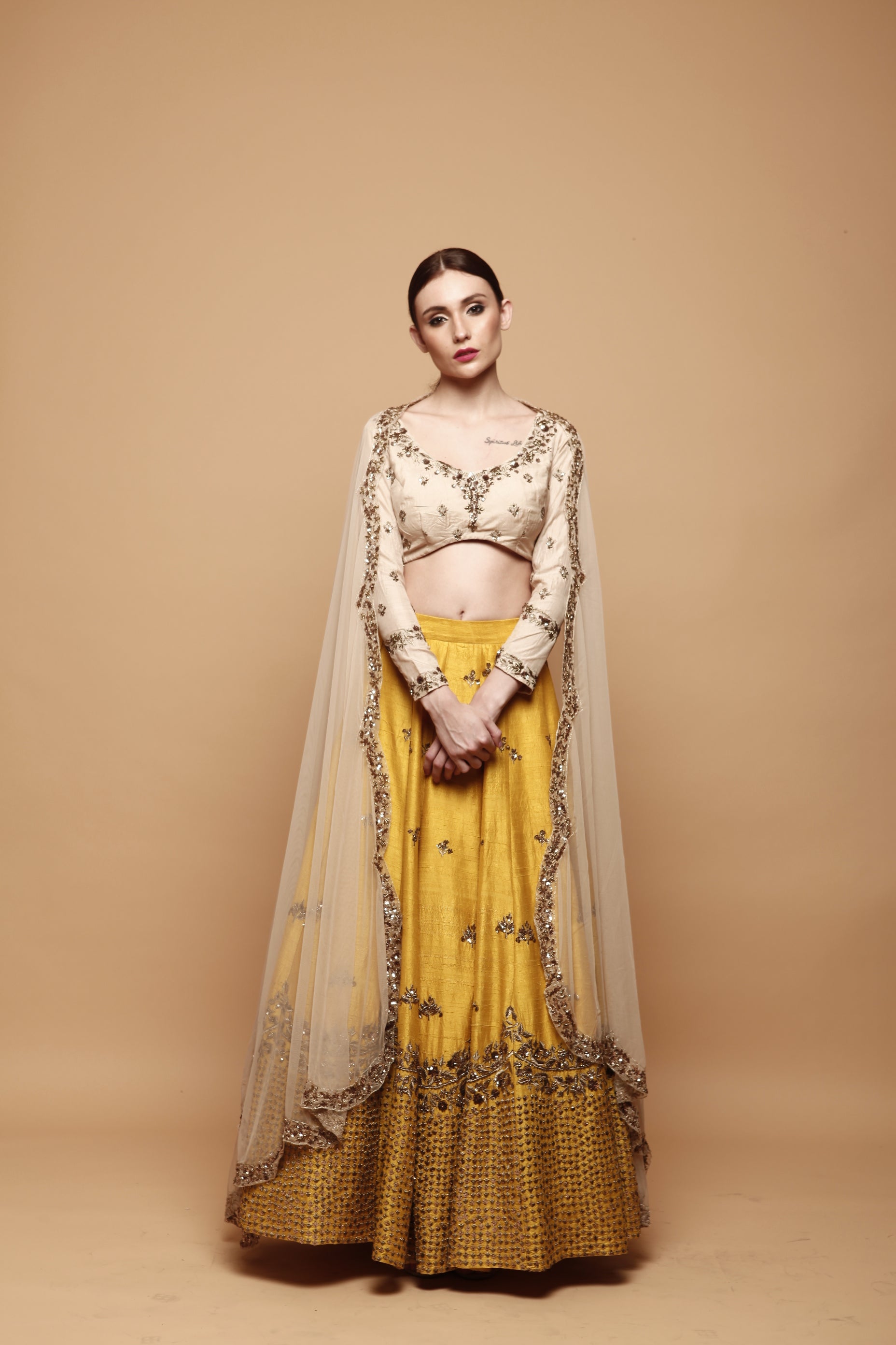 Premium Photo | Elegant Indian teenager in yellow and cream lehenga lace  and florals her vivacity enchanting all