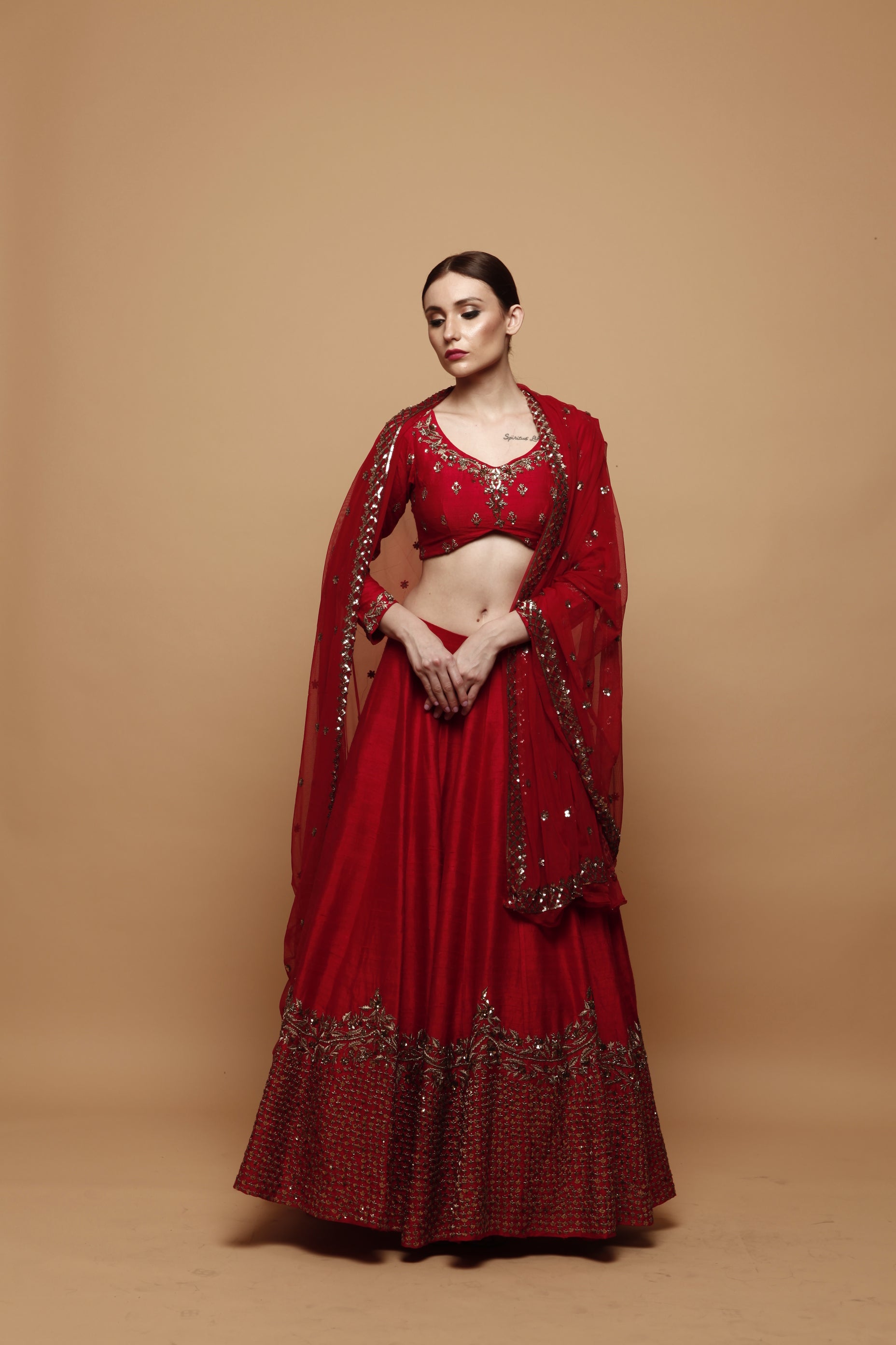 Jahan Red Silk Choli with Gold Banarsi Lehenga and Ecru Tulle Dupatta