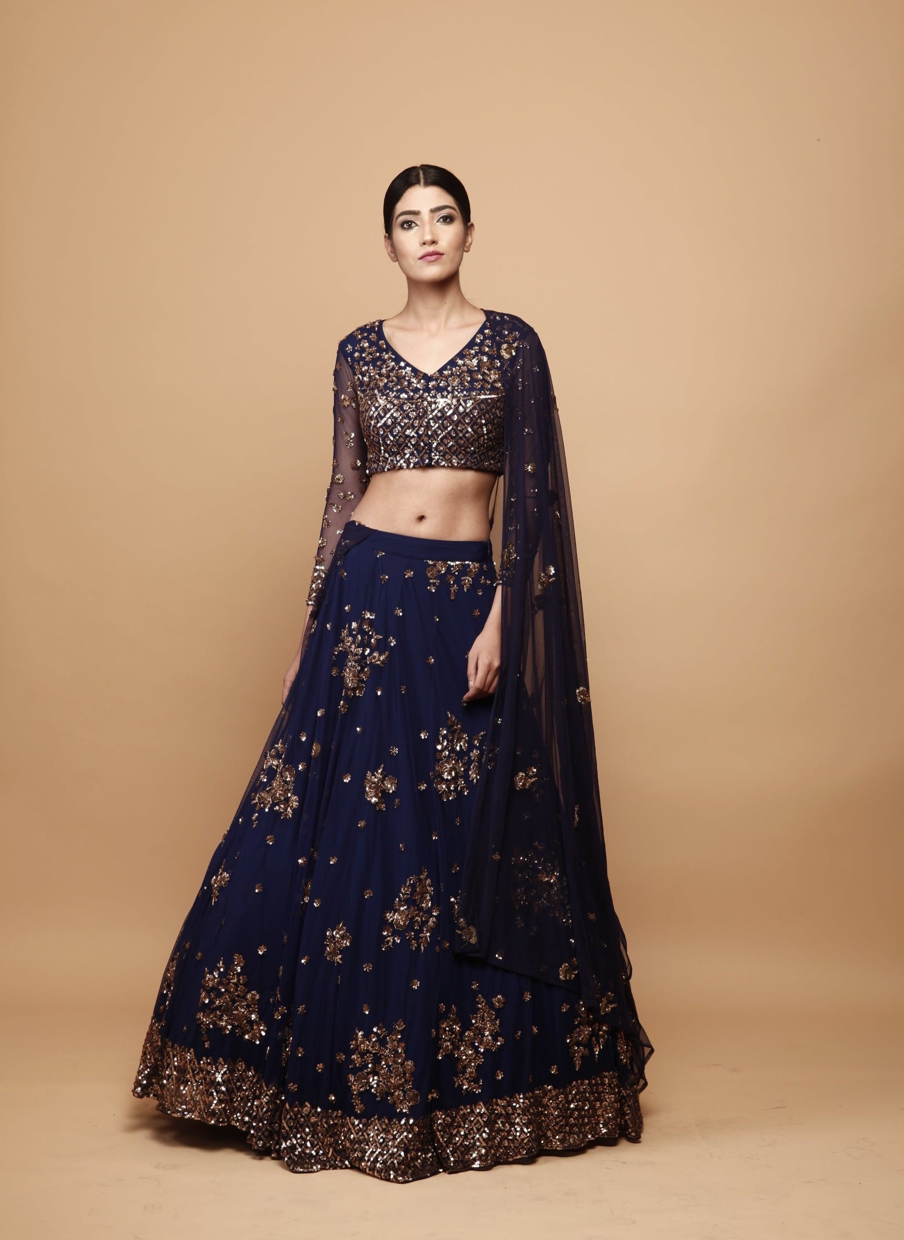 Embroidered Navy Blue Lehenga LLCV114037