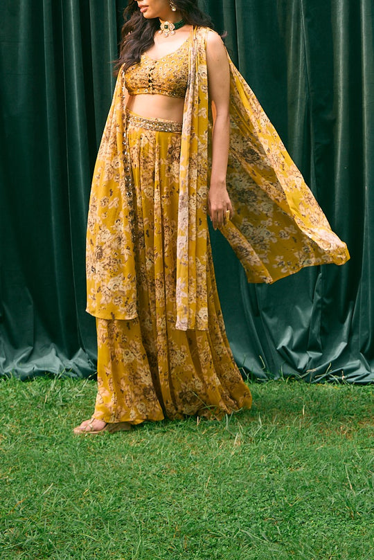 Mustard Floral Cape With Flared Pants