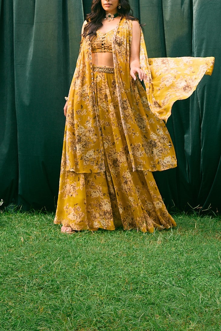 Mustard Floral Cape With Flared Pants