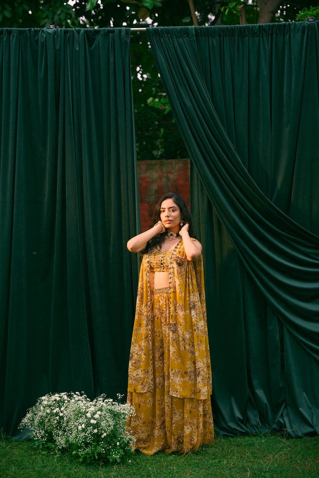 Mustard Floral Cape With Flared Pants