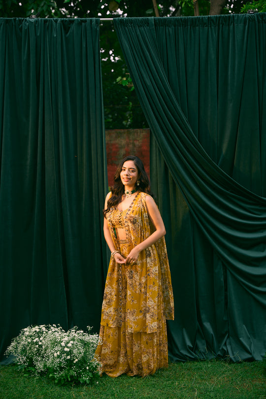 Mustard Floral Cape With Flared Pants