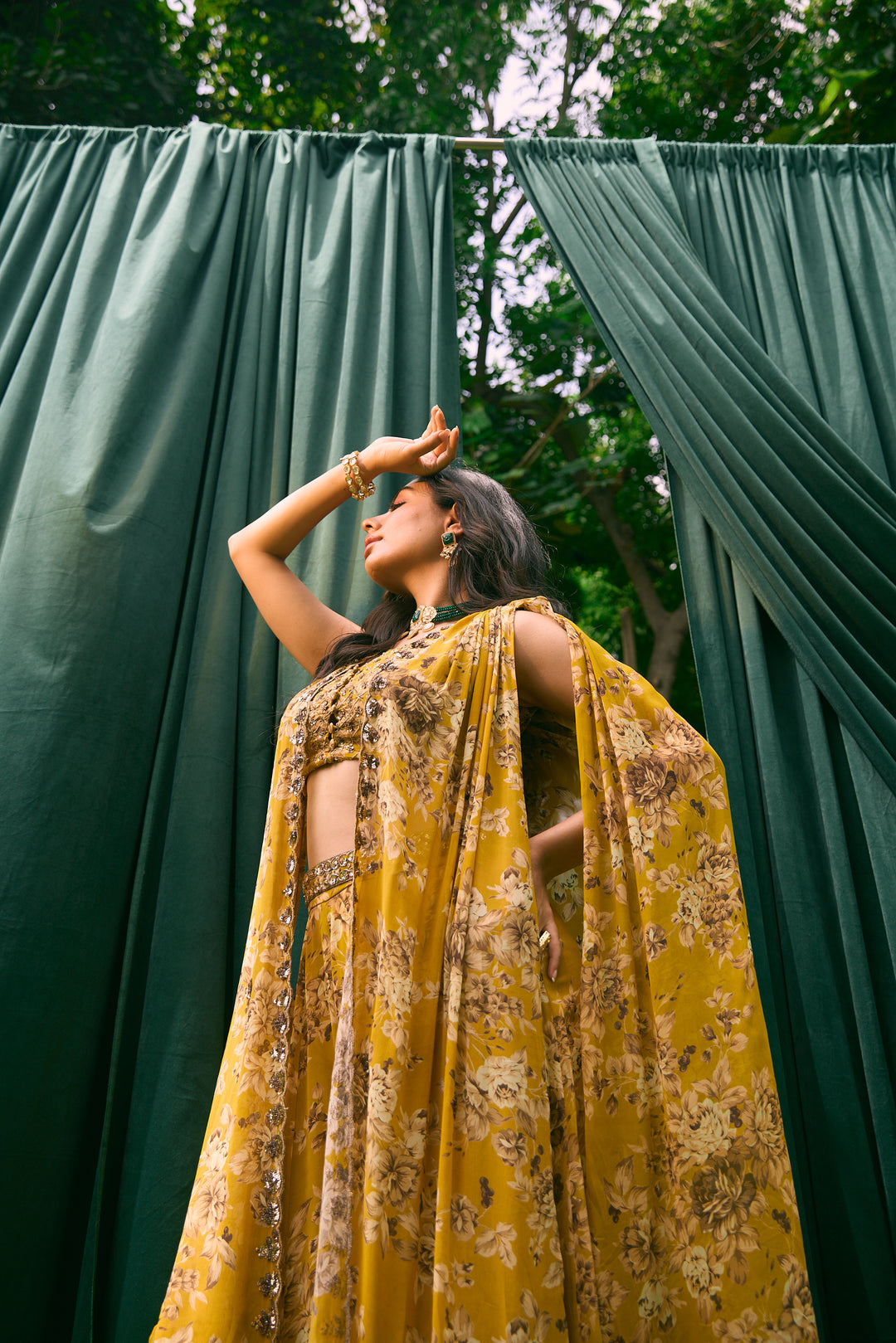 Mustard Floral Cape With Flared Pants