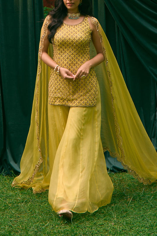 Yellow Organza Jaal Work Kurti And Sharara Set