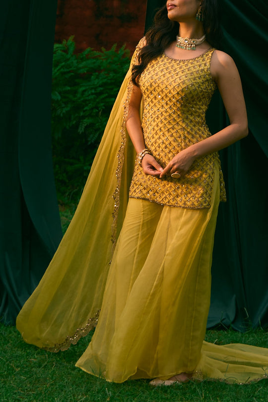 Yellow Organza Jaal Work Kurti And Sharara Set