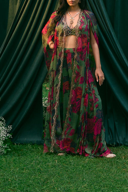 Mehendi Green Chiffon Floral Flare Pant And Cape Set