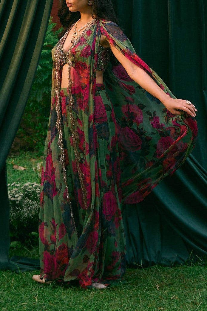 Mehendi Green Chiffon Floral Flare Pant And Cape Set