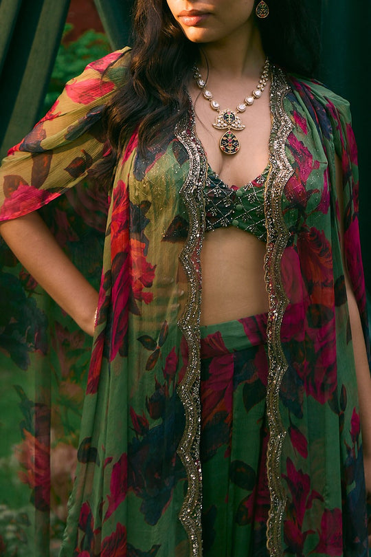 Mehendi Green Chiffon Floral Flare Pant And Cape Set