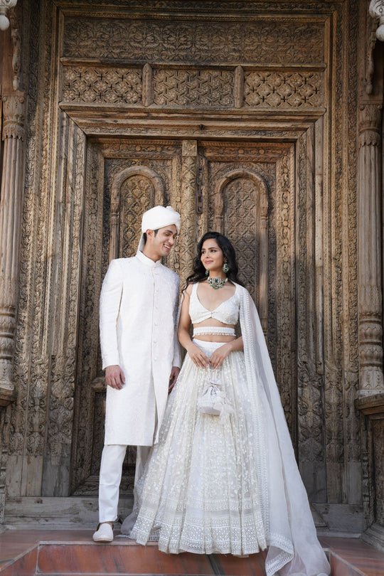 White On White Heavy Jaal Work Lehenga Set