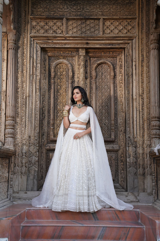 White On White Heavy Jaal Work Lehenga Set