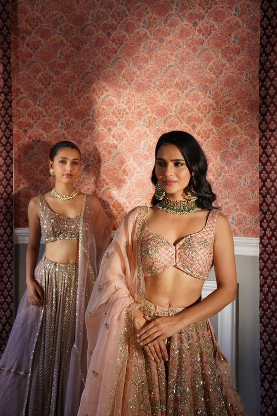 Peach Pink Organza Bridal Lehenga Set