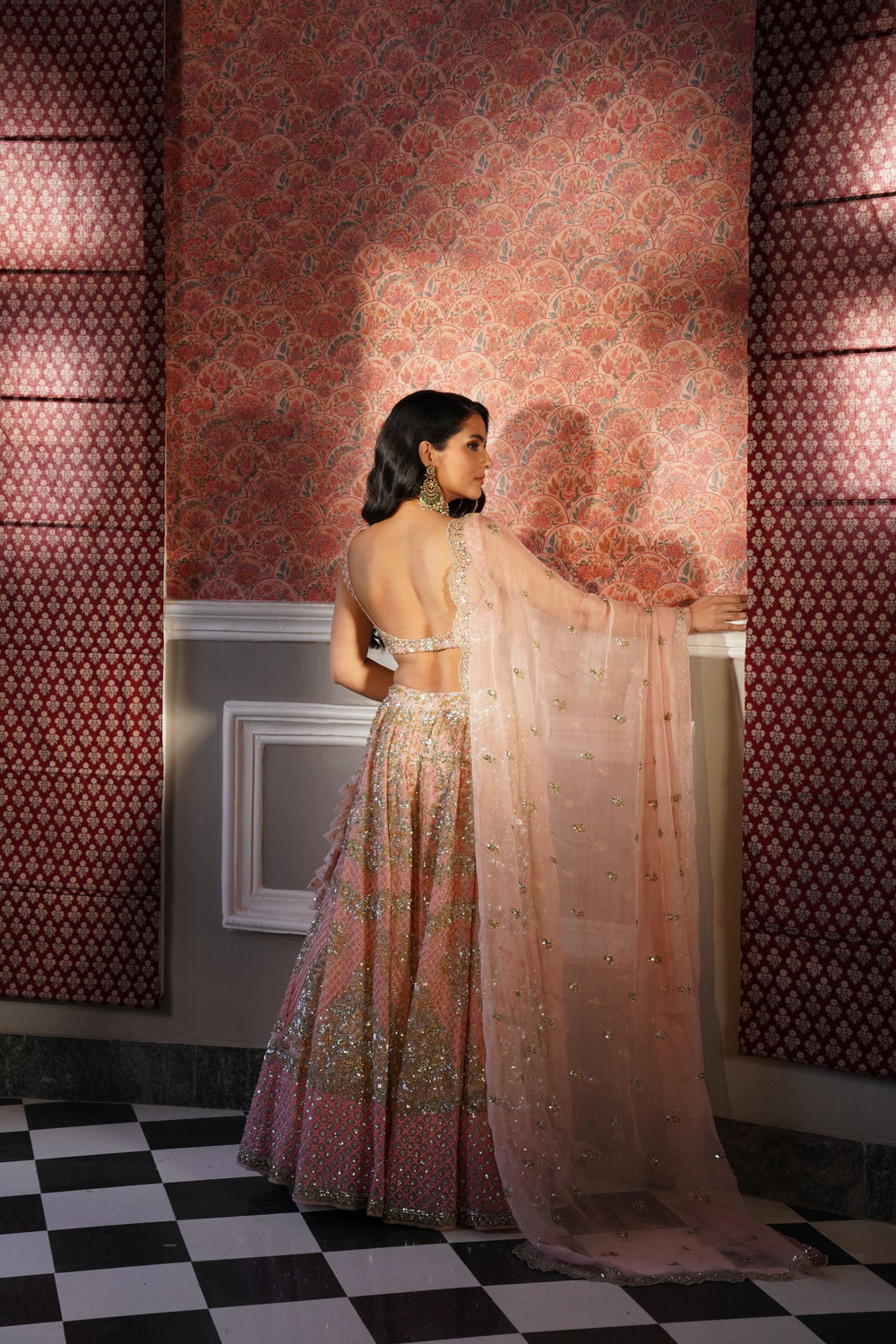 Peach Pink Organza Bridal Lehenga Set