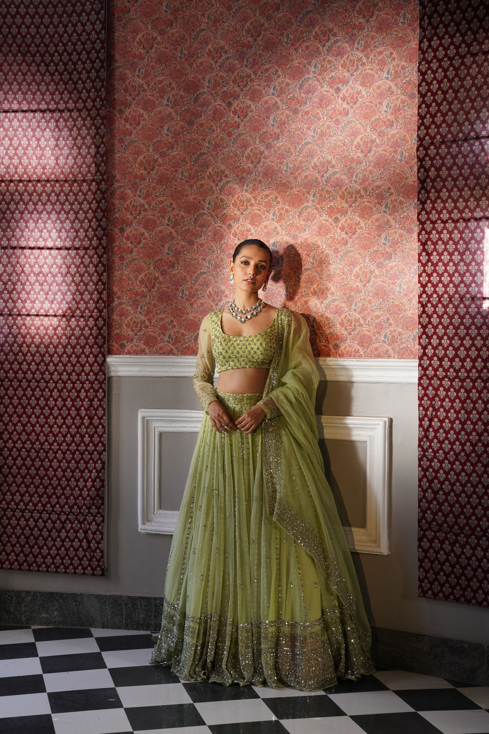 Mint Green Organza Line Work Lehenga Set