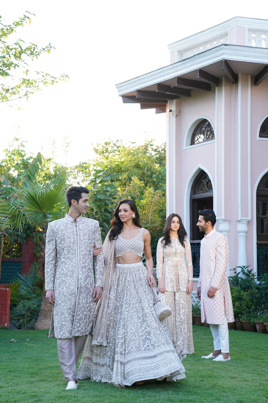 Grey With White Moti Jaal Work Lehenga Set