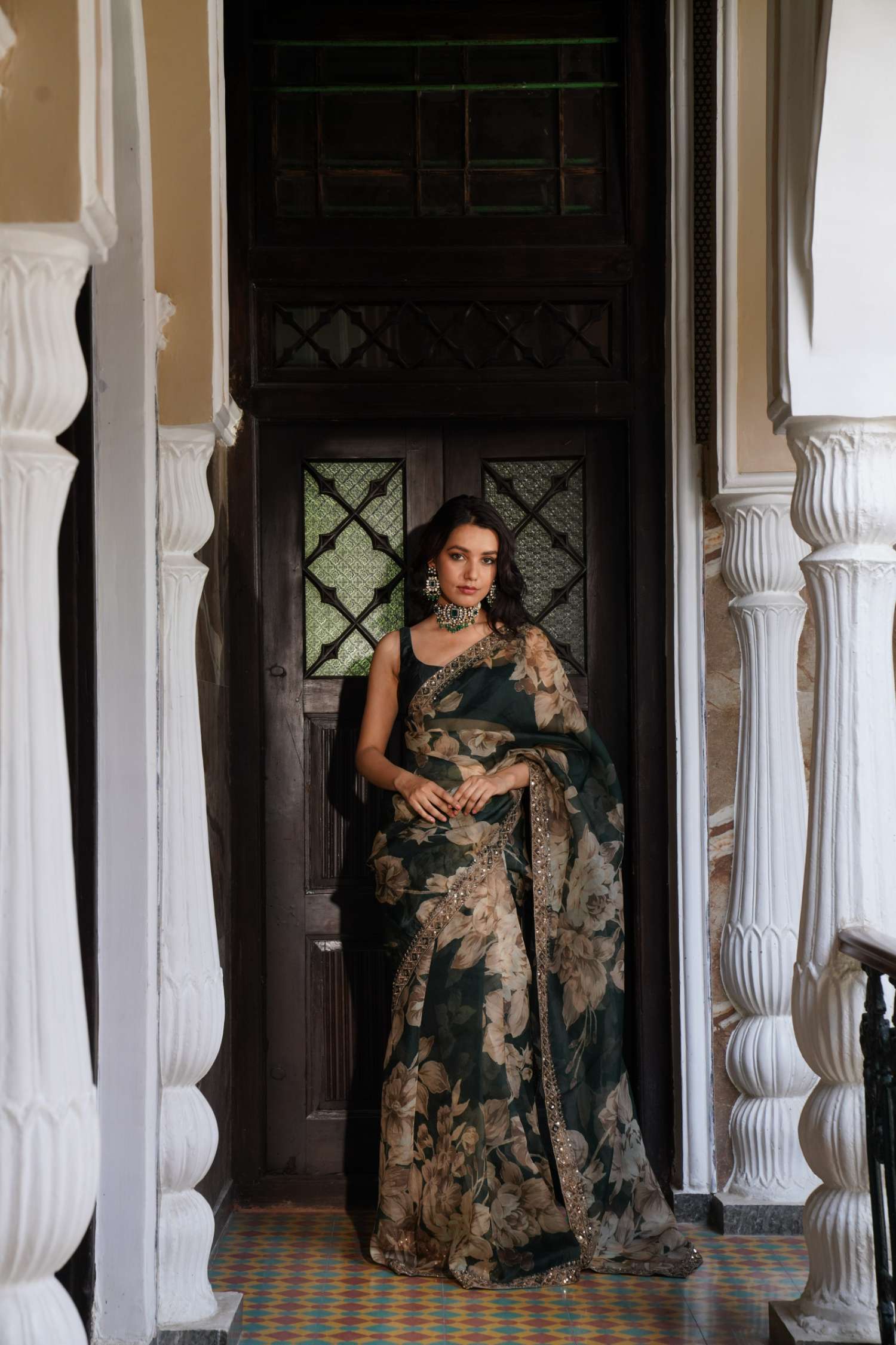 Sea Green Floral Print Handloom Silk Saree | Kolour