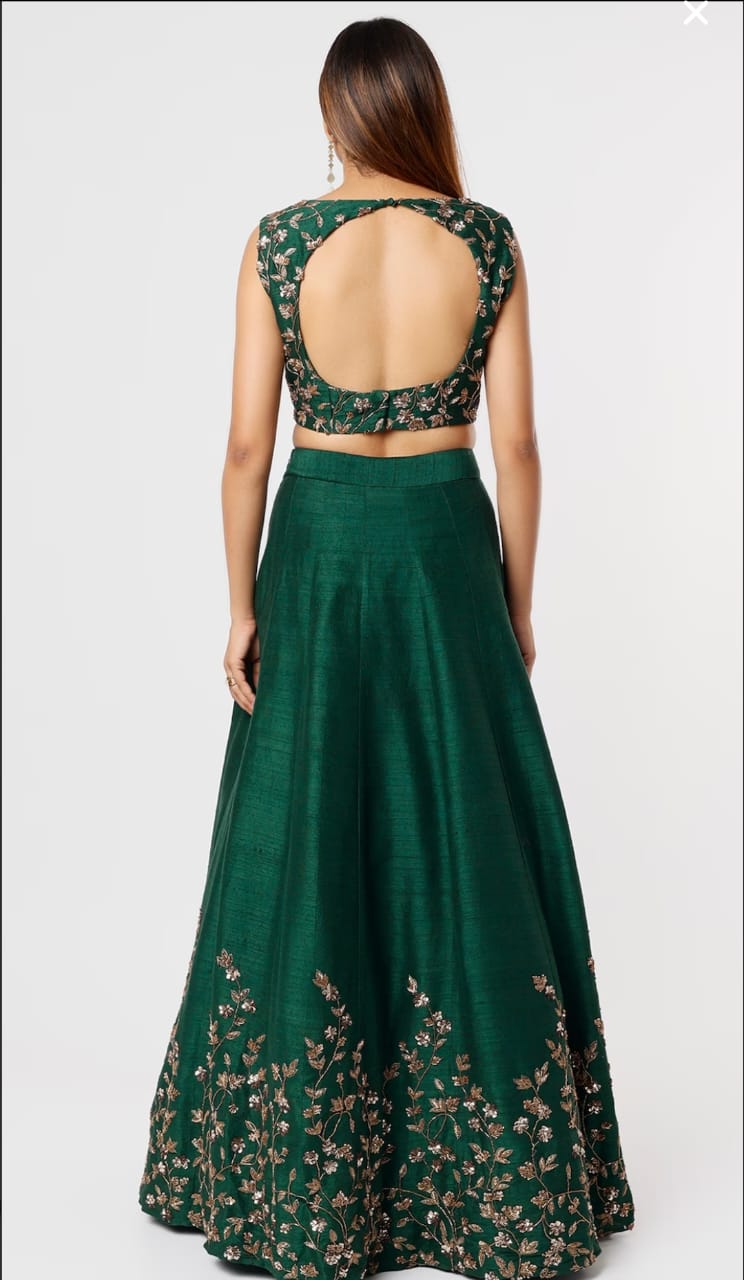 Bottle Green Silk & Net Sequins Embroidered Lehenga Set