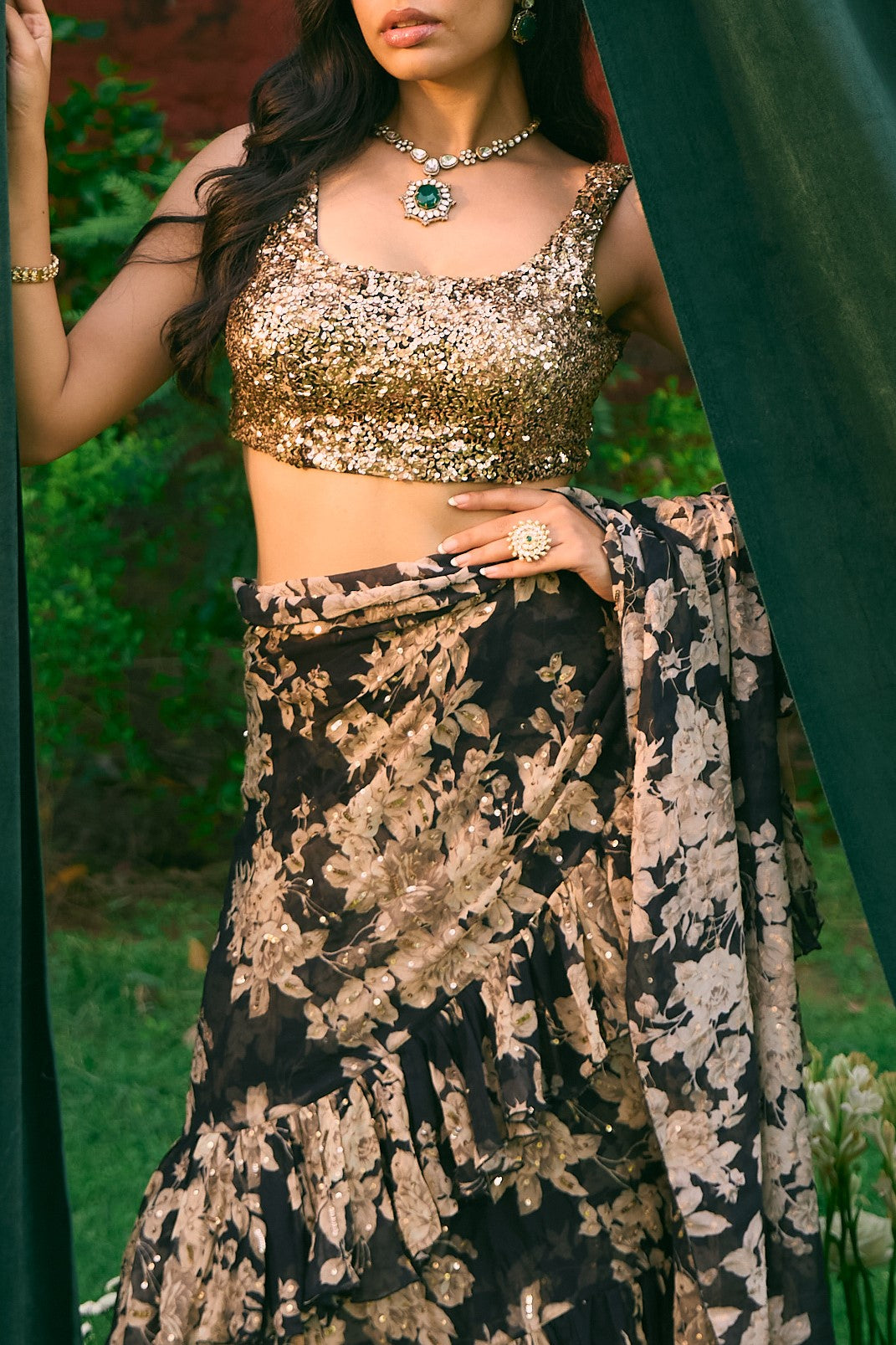 Black Chiffon Floral Frill Saree Set