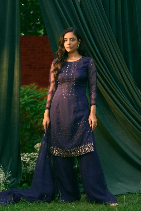 Purple Thread Work Kurti And Sharara Set