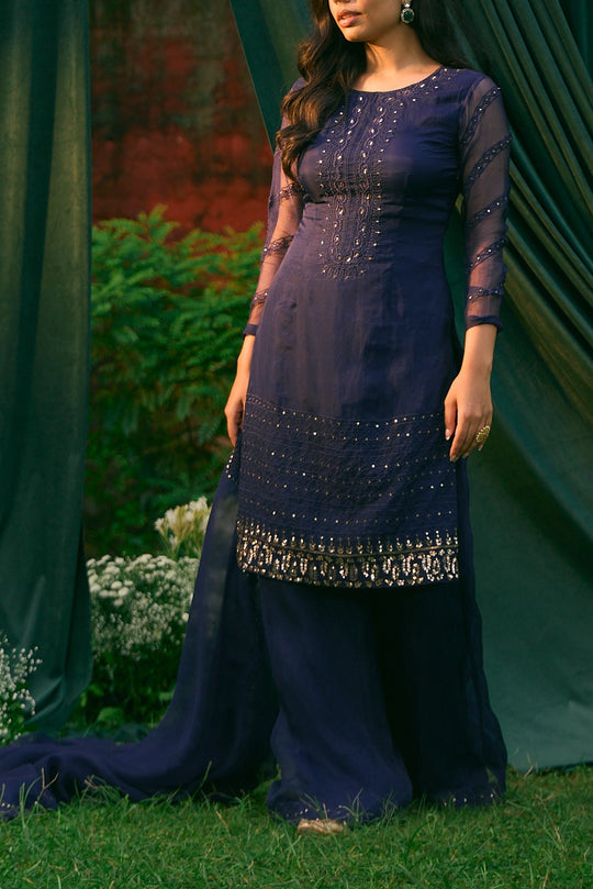 Purple Thread Work Kurti And Sharara Set