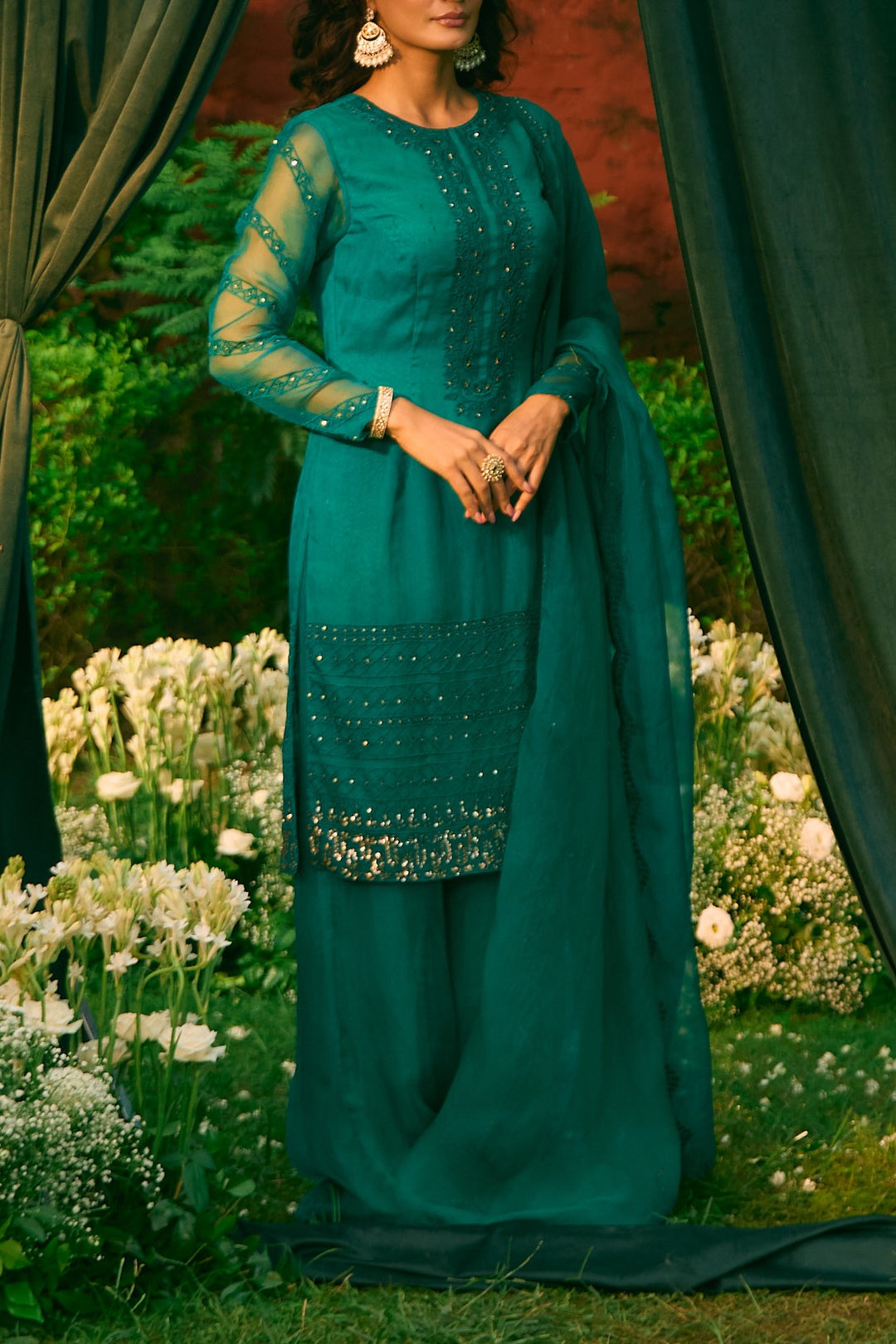 Teal Green Thread Work Kurti And Sharara Set