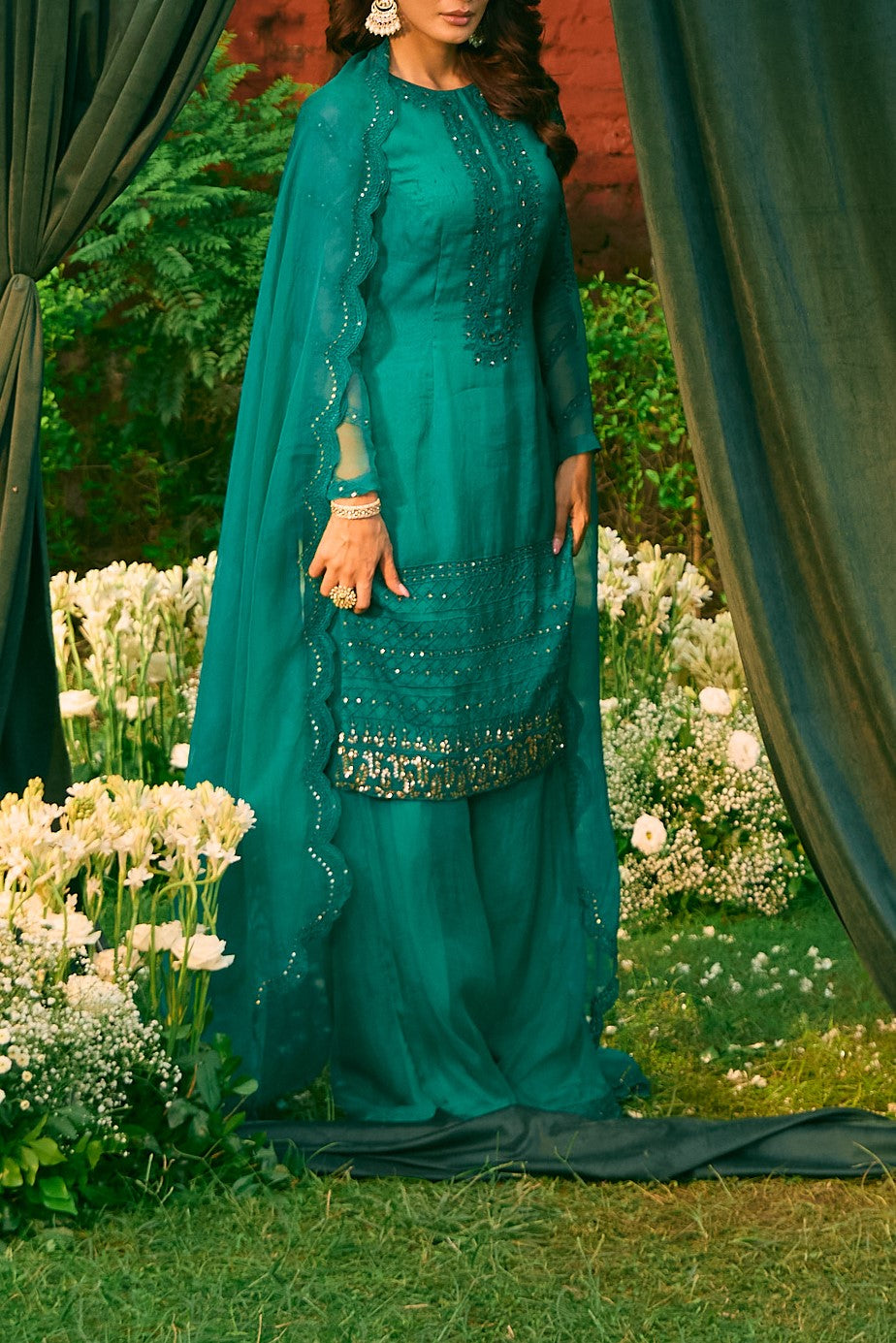 Teal Green Thread Work Kurti And Sharara Set