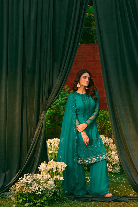 Teal Green Thread Work Kurti And Sharara Set