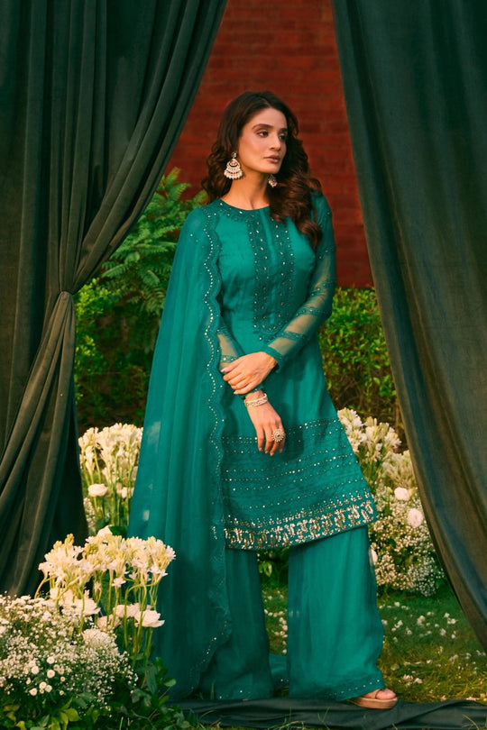 Teal Green Thread Work Kurti And Sharara Set