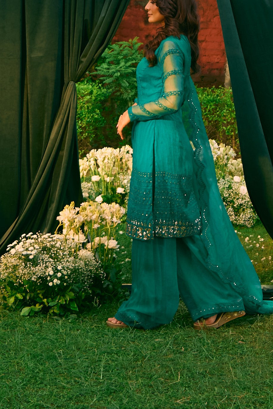 Teal Green Thread Work Kurti And Sharara Set