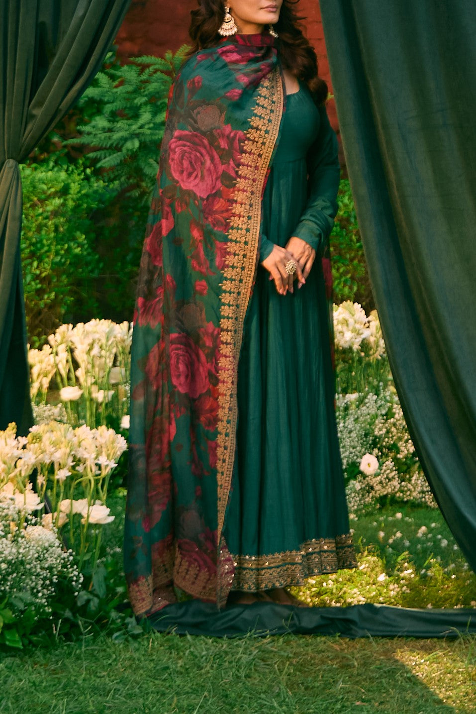 Teal Green Anarkali With Floral Dupatta