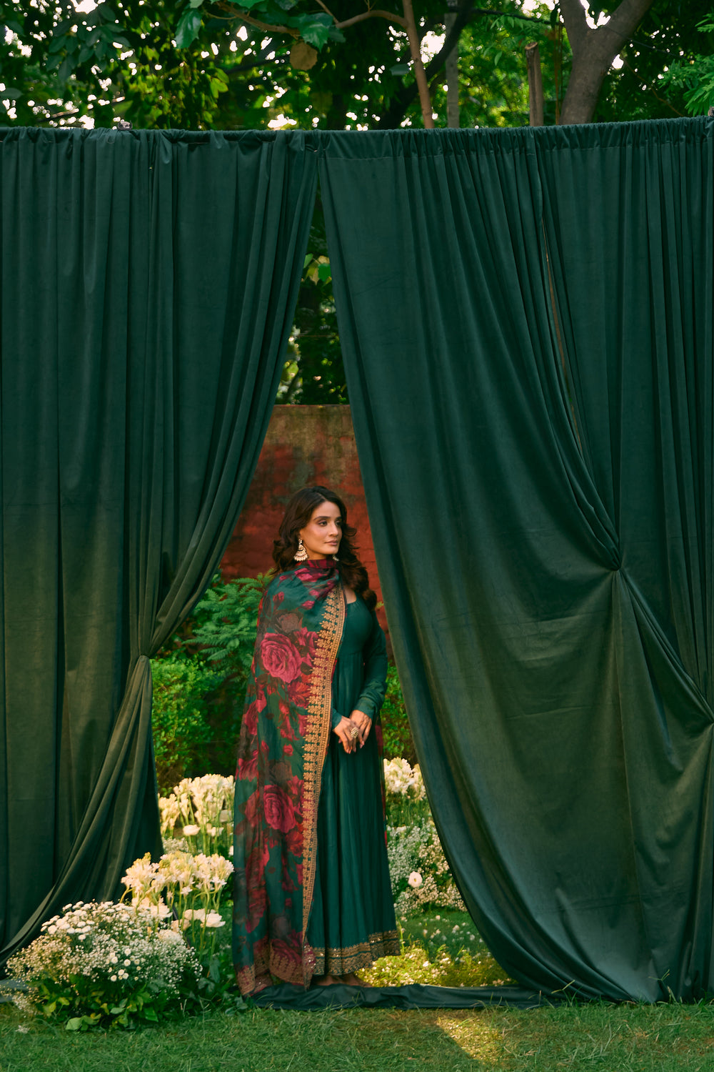 Teal Green Anarkali With Floral Dupatta