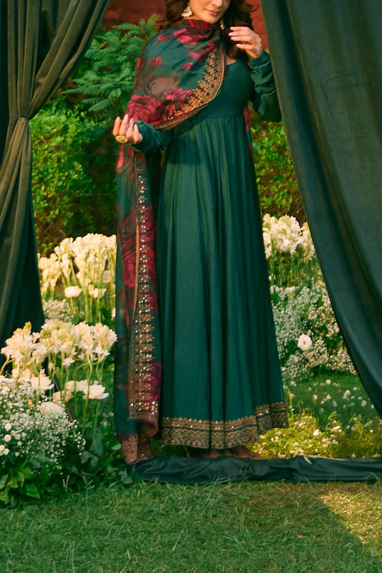 Teal Green Anarkali With Floral Dupatta