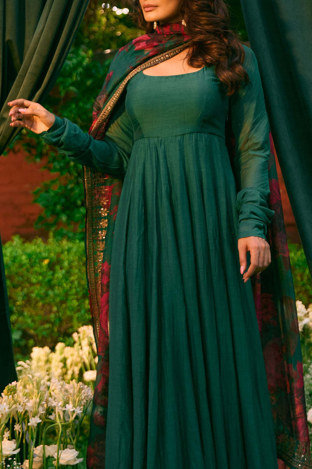 Teal Green Anarkali With Floral Dupatta