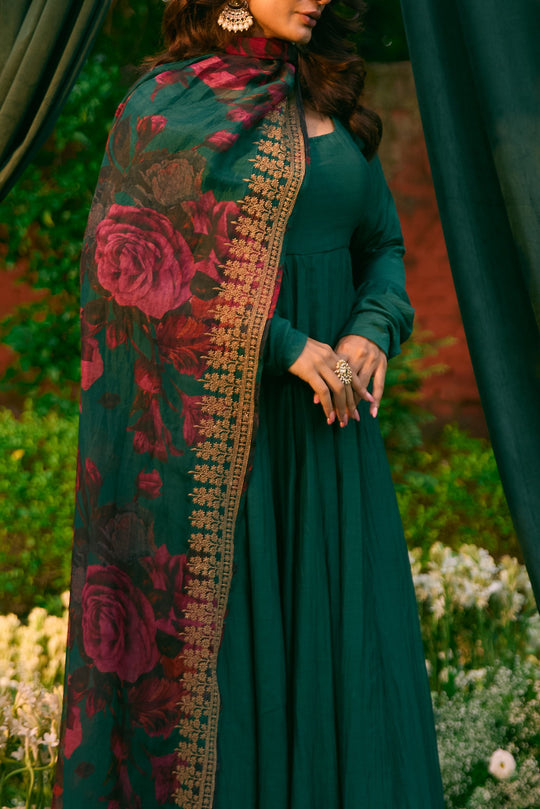 Teal Green Anarkali With Floral Dupatta