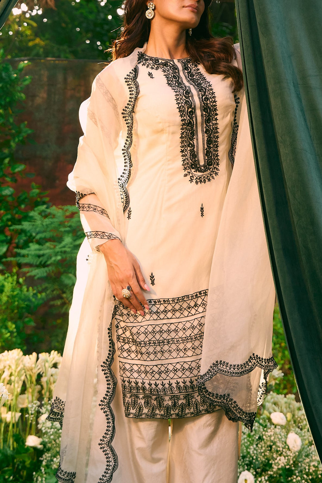 White And Black Thread Work Kurti And Sharara Set