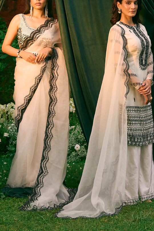 White And Black Thread Work Saree Set Set