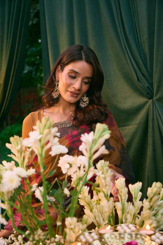 Mustard Anarkali With Floral Dupatta