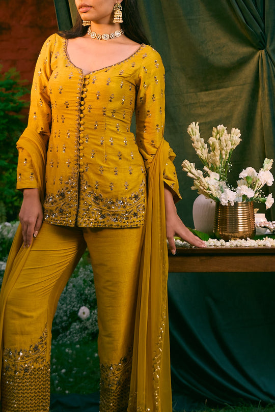 Mustard Front Open Short Kurti With Pant Set