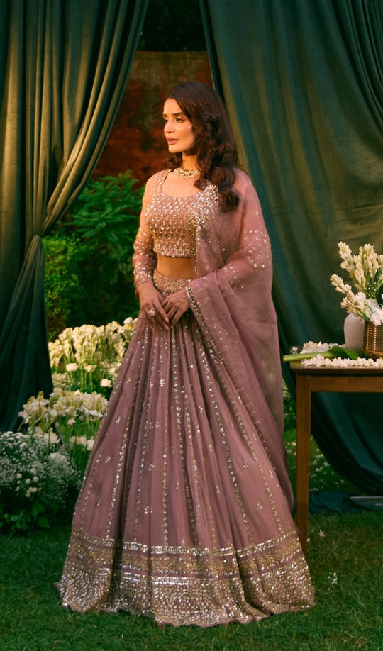 Onion Pink Organza Line Work Lehenga Set